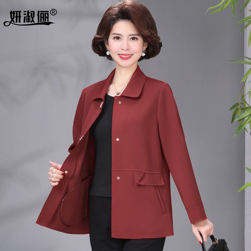 中老年妈妈2025春装新款洋气风衣外套高贵休闲时尚短款红色上衣女
