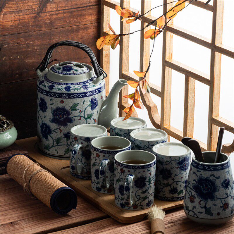 青花瓷中式复古陶瓷茶壶冷水壶凉水壶提梁壶套装大号家用功夫茶具