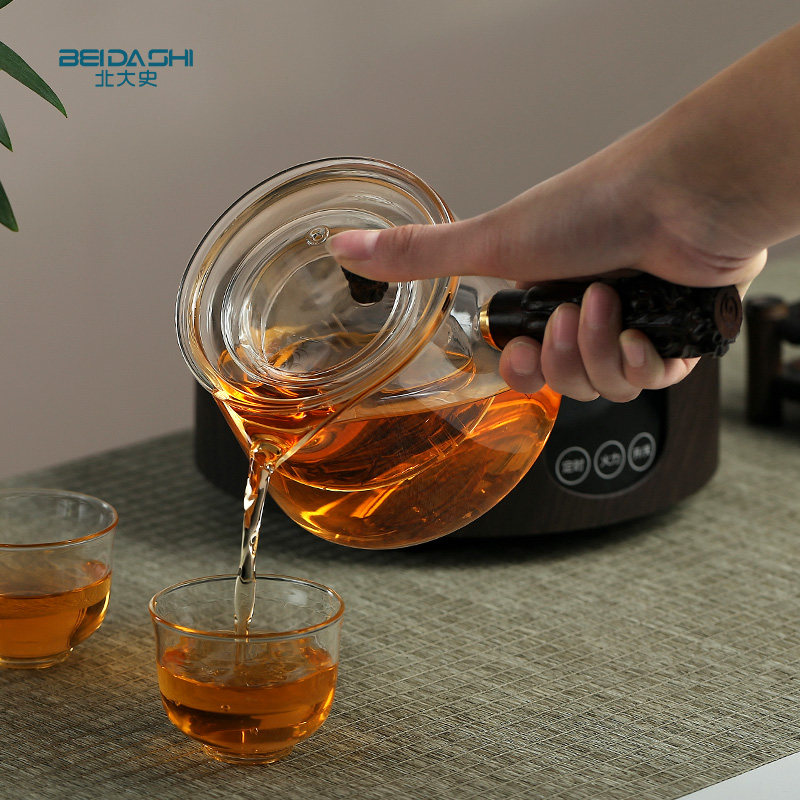 北大史 玻璃煮茶壶 侧把茶壶实木百财耐热普洱白茶电陶炉日式茶壶