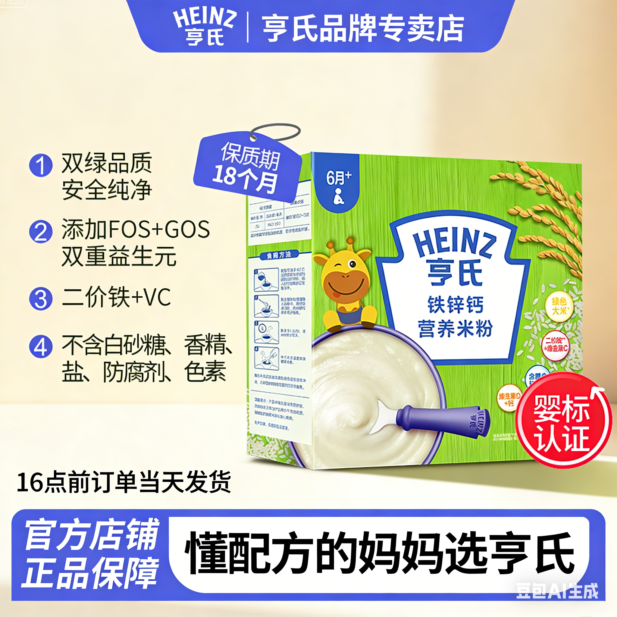 亨氏(Heinz)婴幼儿原味高铁米粉铁锌钙400g辅食经典米糊1段6月+