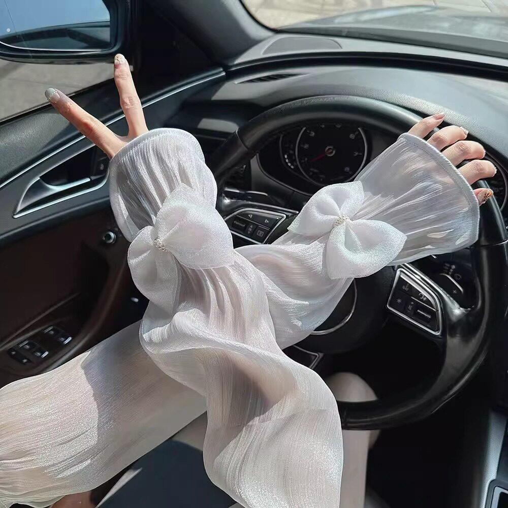 欧根纱立体蝴蝶结冰丝袖套女夏季开车防晒手袖甜美百搭灯笼袖冰袖