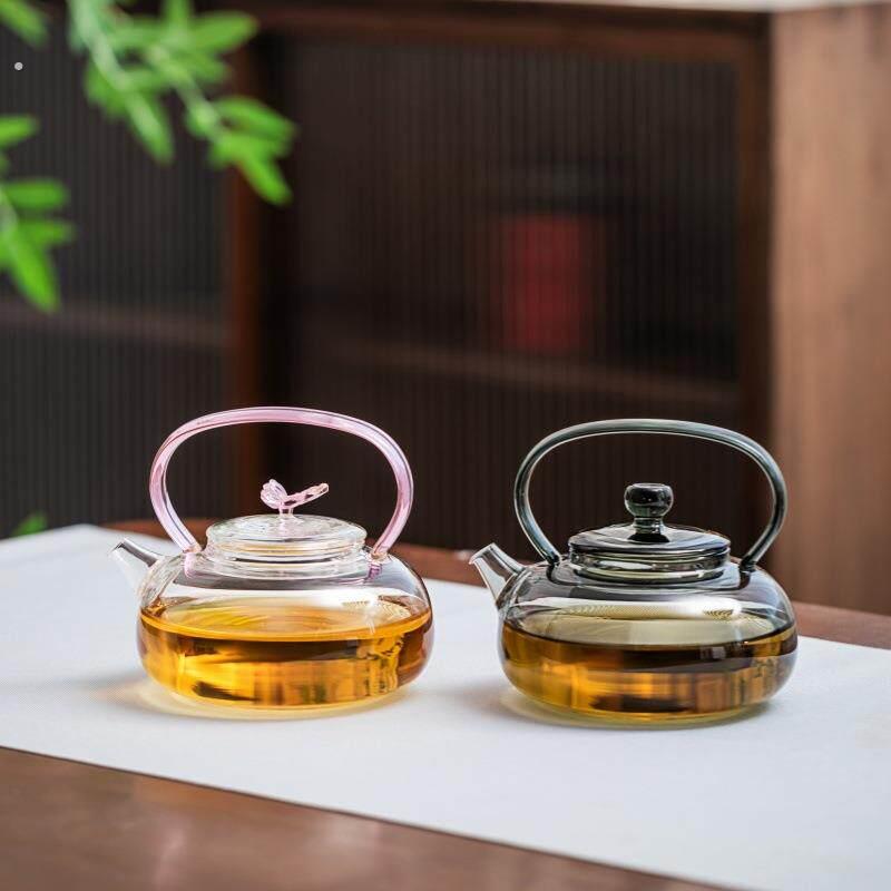 新款粉色蝴蝶煮茶壶高硼硅玻璃提梁茶壶家用耐高温泡手冲茶具