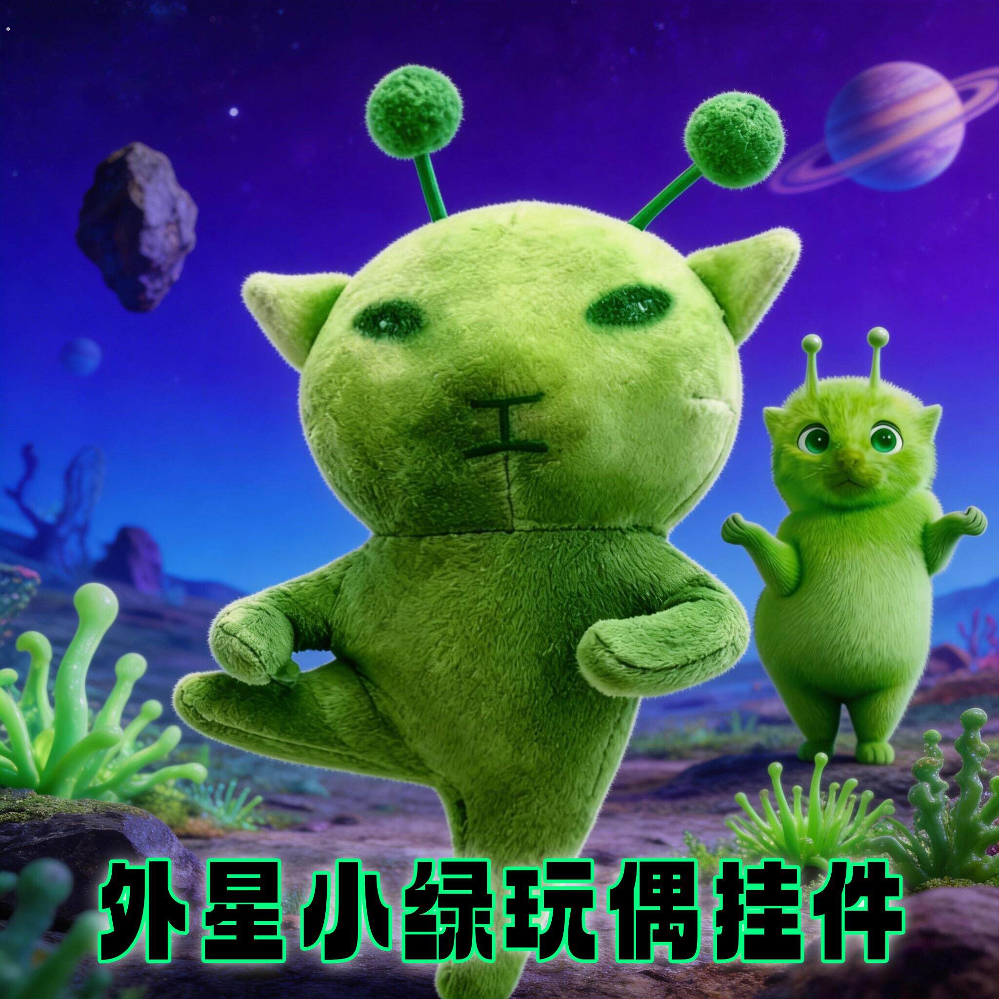 搞怪绿色外星猫毛绒玩偶挂件抖音爆款跳舞外星小绿可变造型钥匙扣