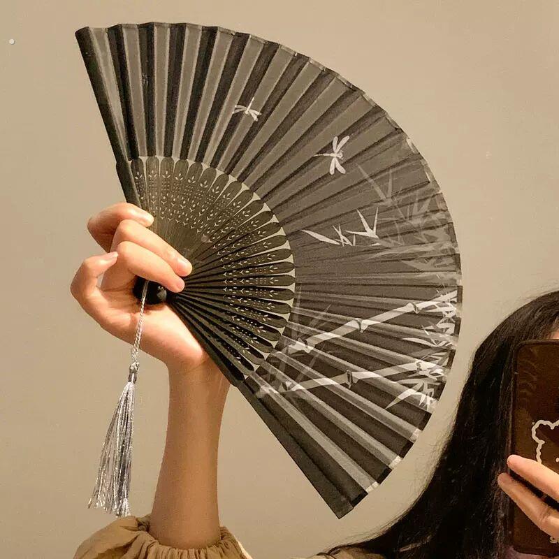 新中式黑色竹子折叠扇子古风旗袍汉服随身便携国风舞蹈折扇女夏天图片