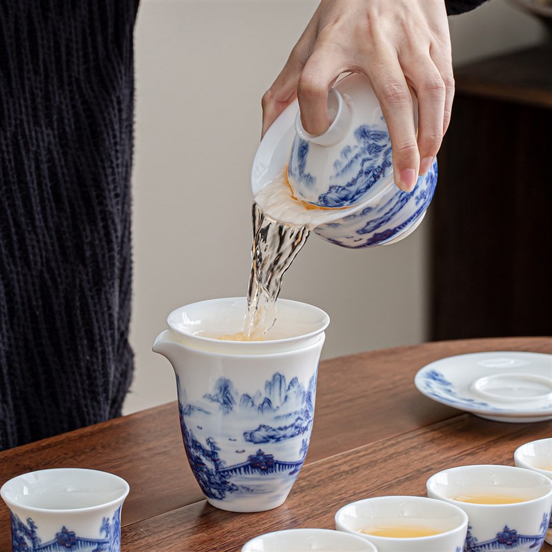 高档青花羊脂玉白瓷功夫茶具套装2026新款家用泡茶盖碗茶杯礼盒装