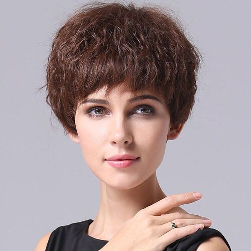 洗后有卷真发假发女短发真人发圆脸妈妈蓬松卷小波浪女全头套V08
