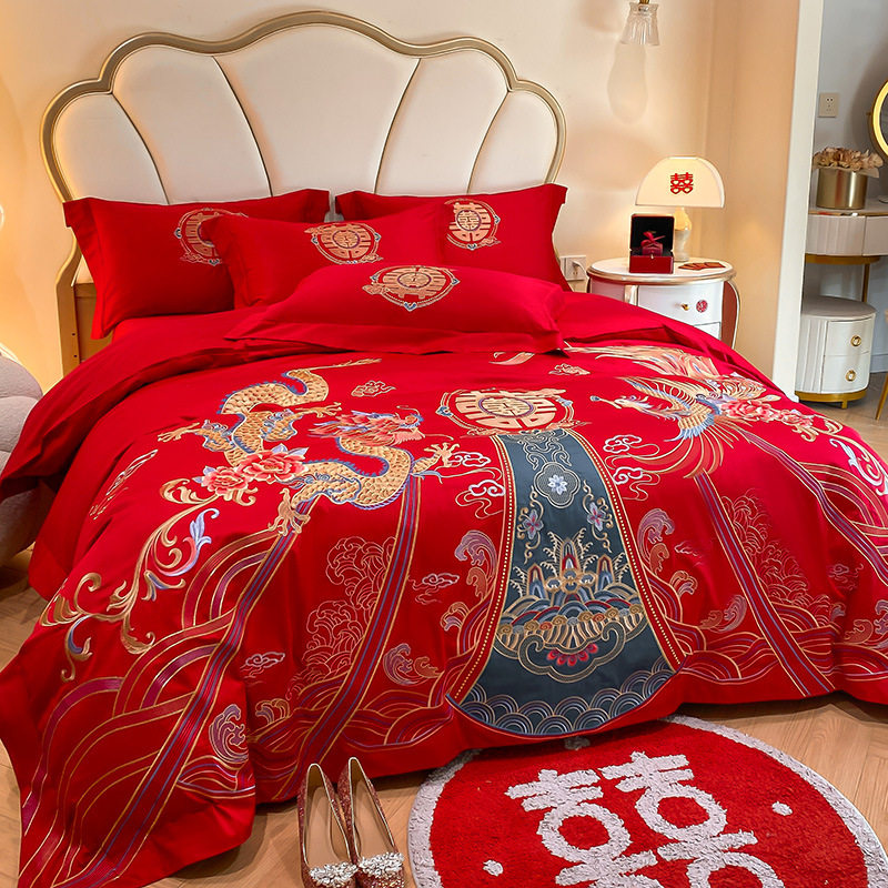 新款 高档欧式婚庆四六件套棉大红色刺绣磨毛被套结婚床品陪嫁婚