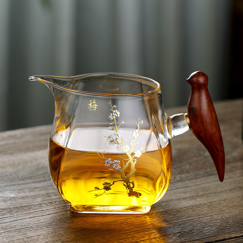 瓷溪涧小鸟公道杯大容量耐热功夫茶公分茶器海茶具家用木柄玻璃杯