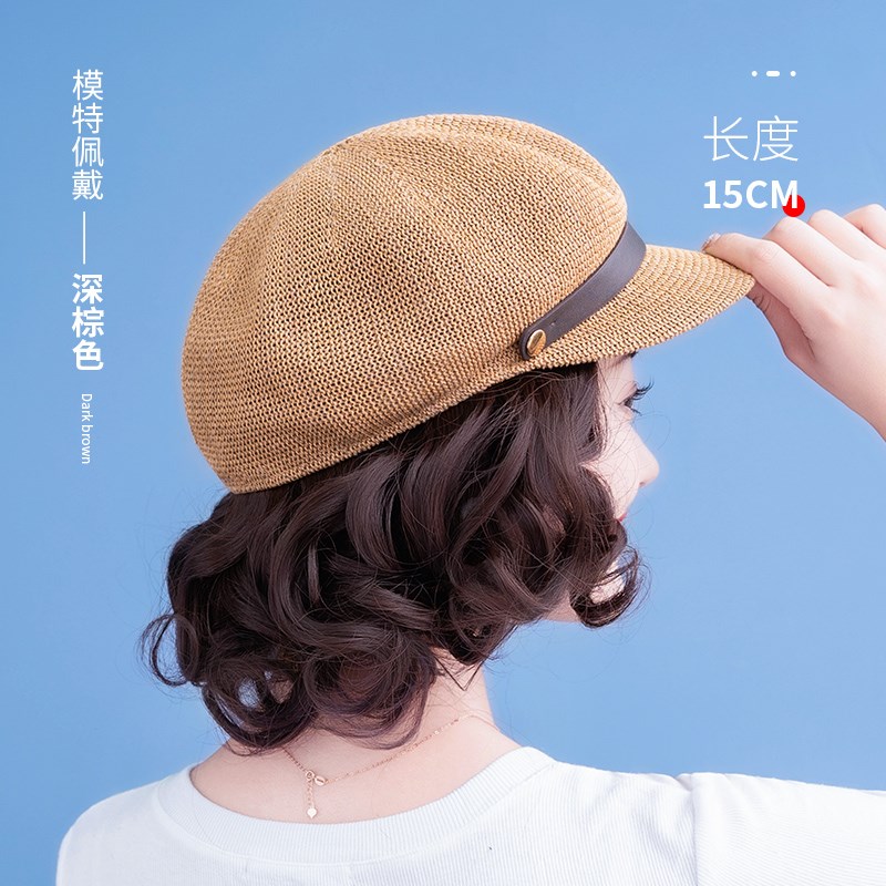 帽子假发一体女夏天时尚新款八角帽小短卷带假发帽子短卷发可拆卸