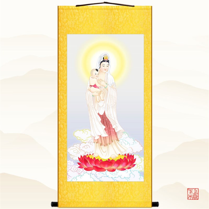 送子观音娘娘画像 观世音菩萨佛像画 中式复古装饰画卷轴挂画定制