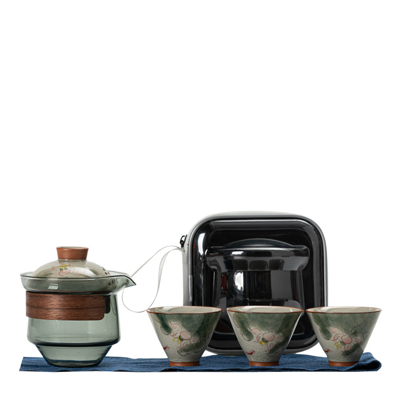 画续户外旅行功夫茶具套装手绘荷花便携式玻璃快客杯一壶二杯陶瓷