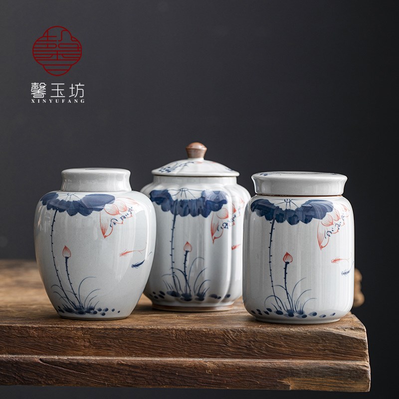 釉下彩手绘荷韵复古陶瓷茶叶罐大号密封防潮储茶罐红茶绿茶空罐