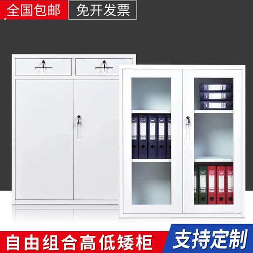 办公室矮柜玻璃推拉移门书柜资料文件柜趟门铁皮柜小储物柜子带锁