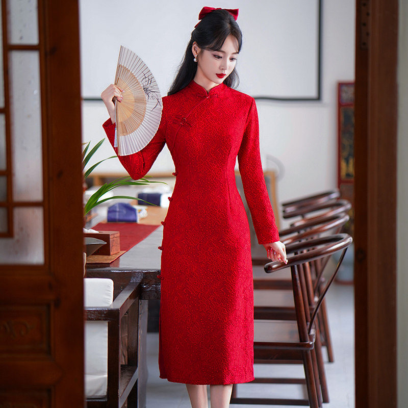 2023秋冬新款红色旗袍敬酒服长袖新娘结婚回门便装礼服高档连身裙