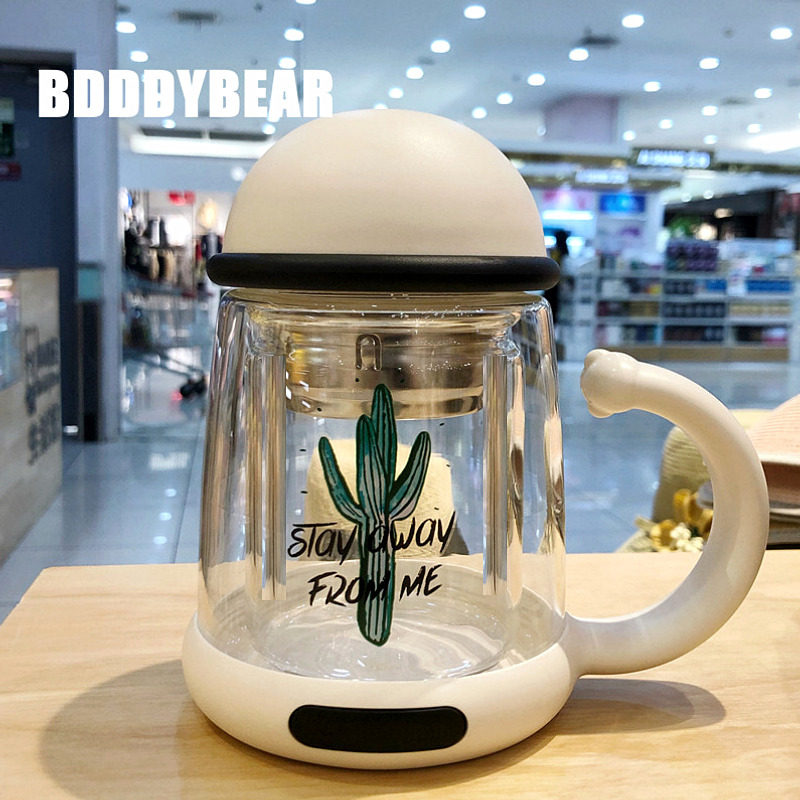 韩国杯具熊双层玻璃杯水杯少女办公室带把可爱便携过滤花茶杯杯子