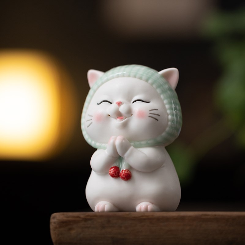 【许愿猫】可爱小猫摆件手工陶瓷家居装饰品卡通动物玄关桌面摆设