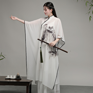 山水-中式国民风仙气斜襟盘扣立领大码茶服禅服禅舞两件套连衣裙