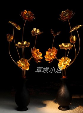 金属鎏金莲花手工日式金莲家居饰品桌面摆件古朴陶瓷花瓶 可定制