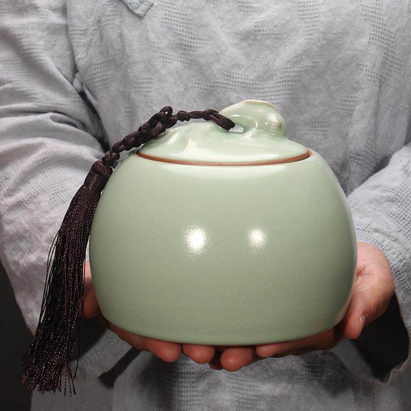 汝窑陶瓷茶叶罐醒茶密封储存罐开片创意中式复古防潮家用普洱茶盒