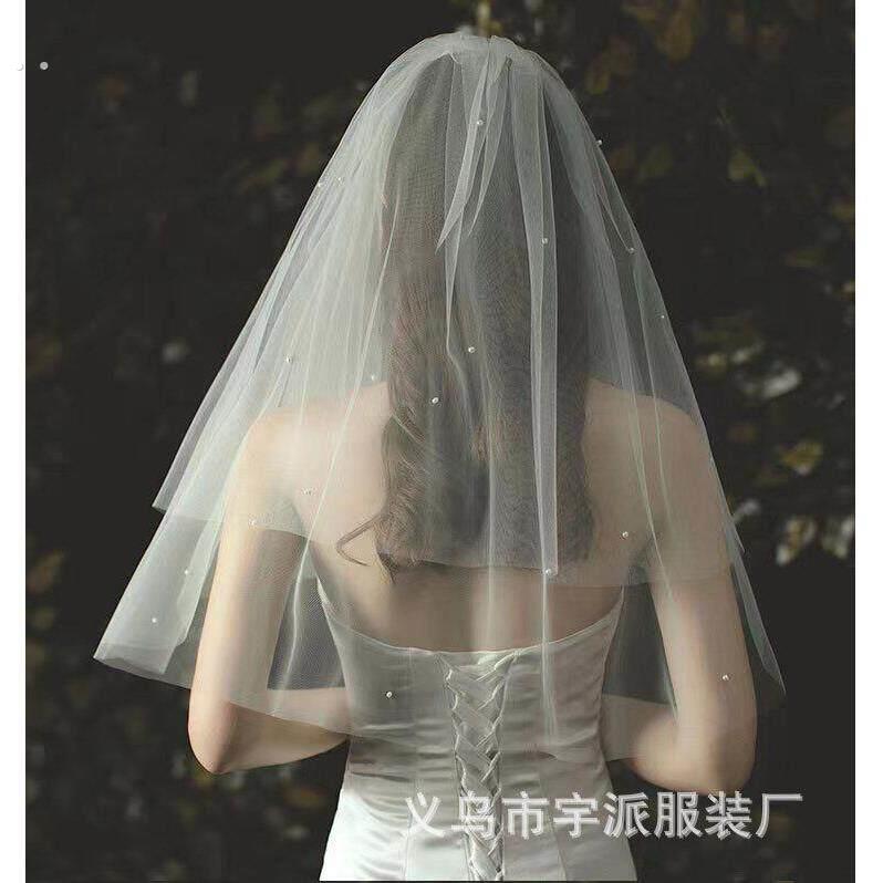 新款级感珍珠新娘头纱仙白色双层求婚领证旅拍照派对道具装扮