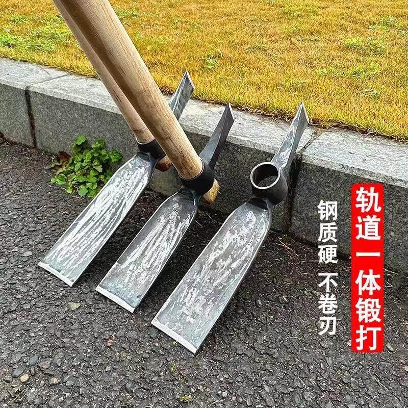 老式挖笋专用锄头轨道钢锻打一体两用农用锄斧户外开荒园林