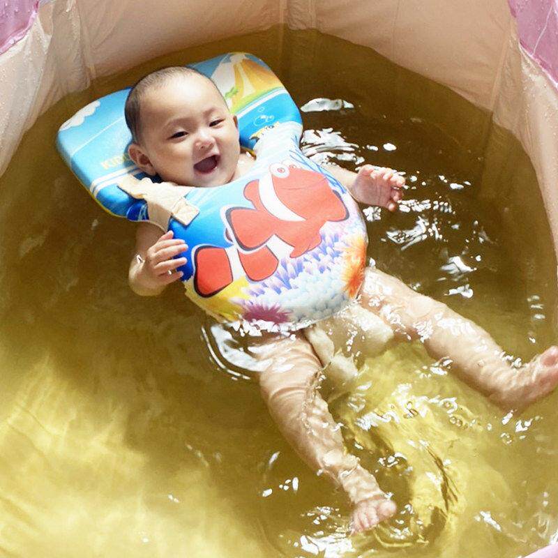 初生婴儿游泳浮力背心第6代湖蓝色宝宝洗澡脖圈趴圈