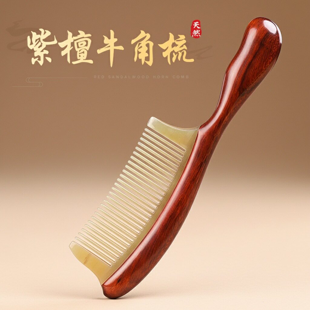 高端紫檀木牛角长柄梳