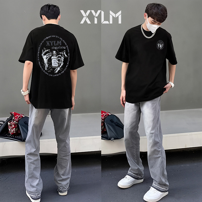 XYLM美式时尚骷髅印花纯棉短袖t恤男士夏季欧美街头风潮牌上衣