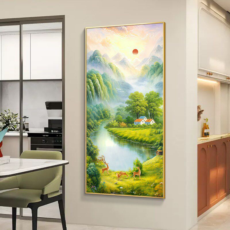 玄关装饰画入户正对门客厅壁画轻奢高级感风景油画旭日东升山水画