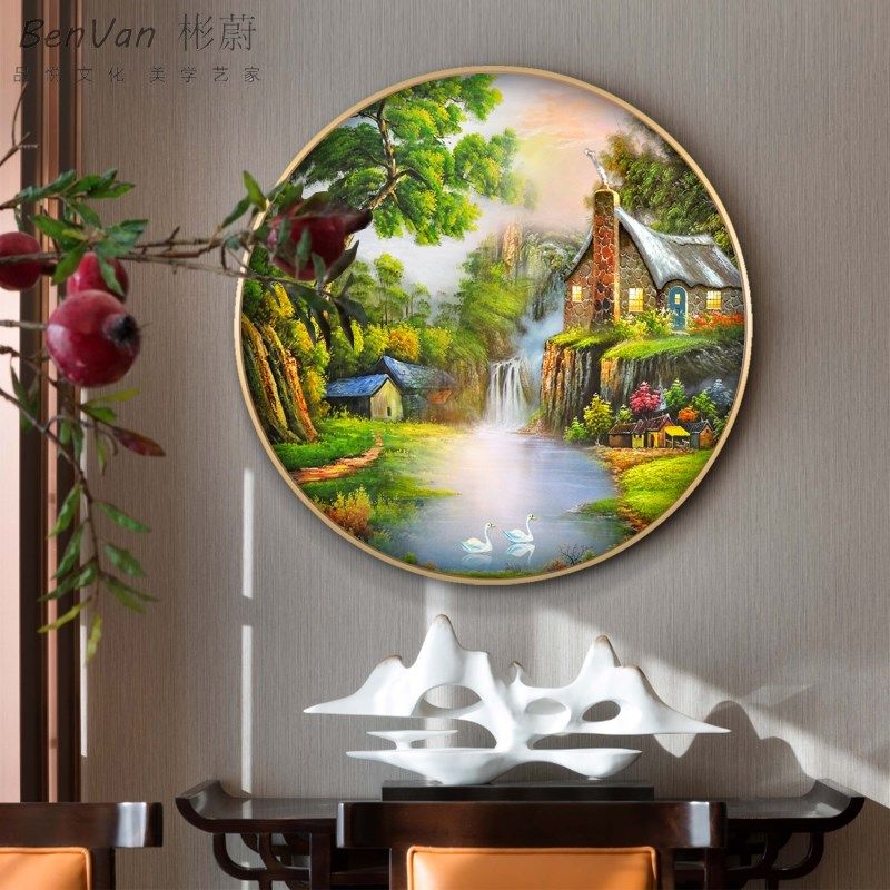 网红风景画装饰画沙发背景墙挂画靠山聚宝盆圆形招财油画欧式山水