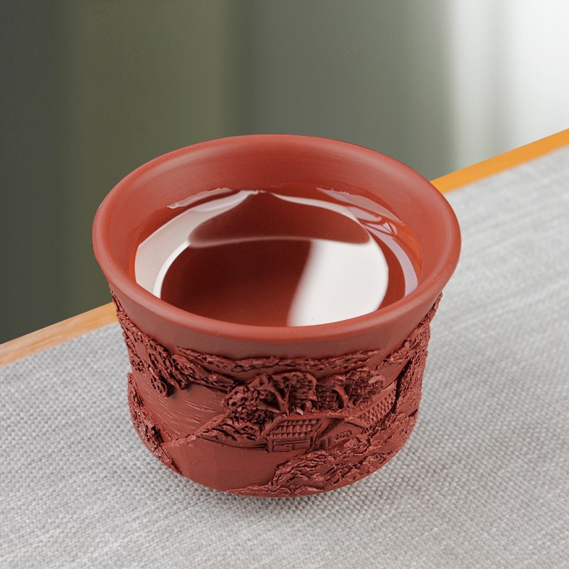 陶立方 山水浮雕杯子紫砂原矿品茗杯手工段泥喝茶杯功夫茶具配件