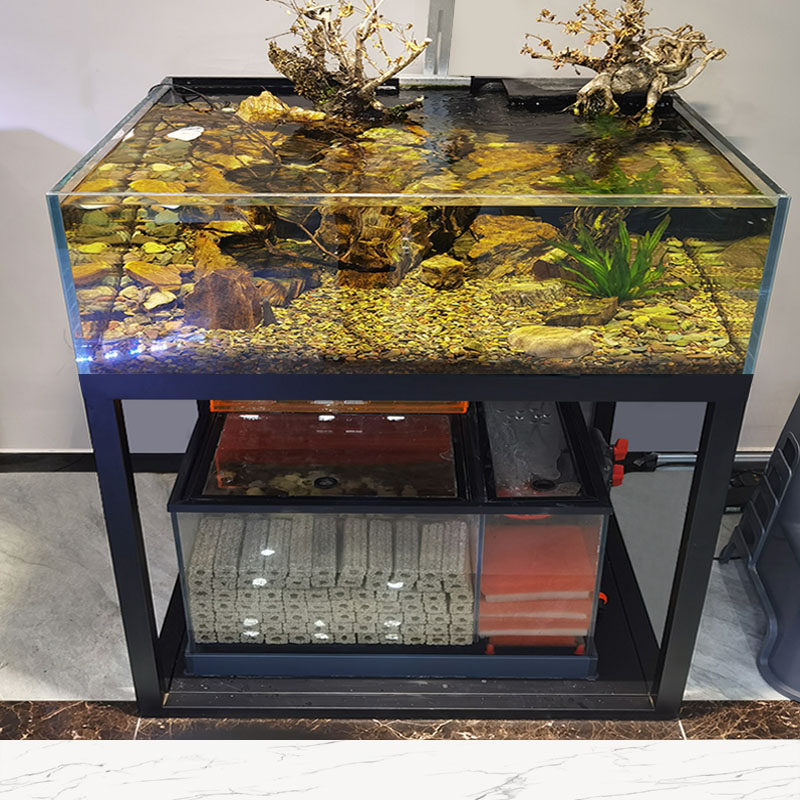 方形溪流缸鱼缸全套岩板60方缸底滤水工业风鸭侧溢流兰寿缸定制