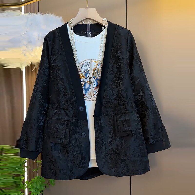 大码女装V领暗花西服外套胖妹妹复古风时尚显瘦百搭长袖开衫上衣