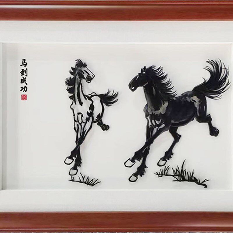芜湖储氏铁画奔马图双马图马到成功家居装饰挂画安徽特有手工艺品