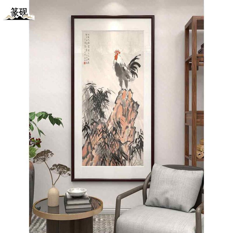 徐悲鸿雄鸡图玄关挂画金鸡报晓鸣春图新中式装饰画走廊过道墙壁画