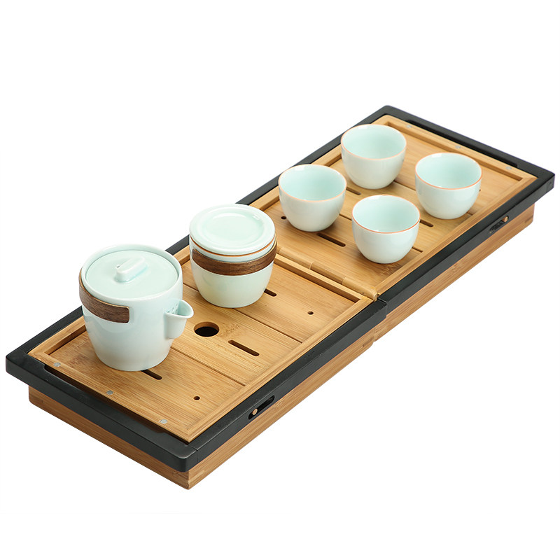 凌胜旅行茶具可携式小套功夫茶具套组快客杯一壶四杯简约收纳竹盘