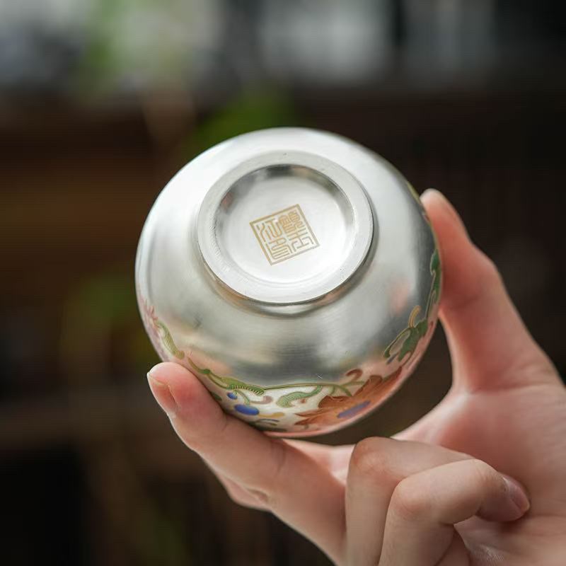 鎏银龙凤茶杯999银茶杯银碗陶瓷主人杯彩绘工艺创意礼品茶具套装