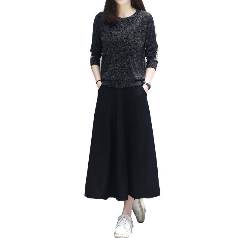 秋装2021年新款女长袖连衣裙两件套收腰显瘦气质黑色休闲套装裙子