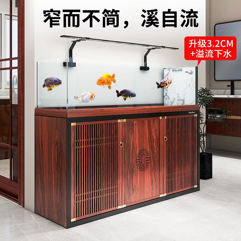 森森新中式极窄溪流缸客厅大型超白玻璃生态造景2025新款底滤鱼缸