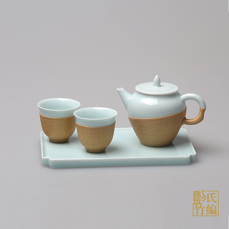 刘氏竹编青瓷纯手工竹丝扣瓷小池荷尖一壶两杯带茶盘茶具伴手礼品
