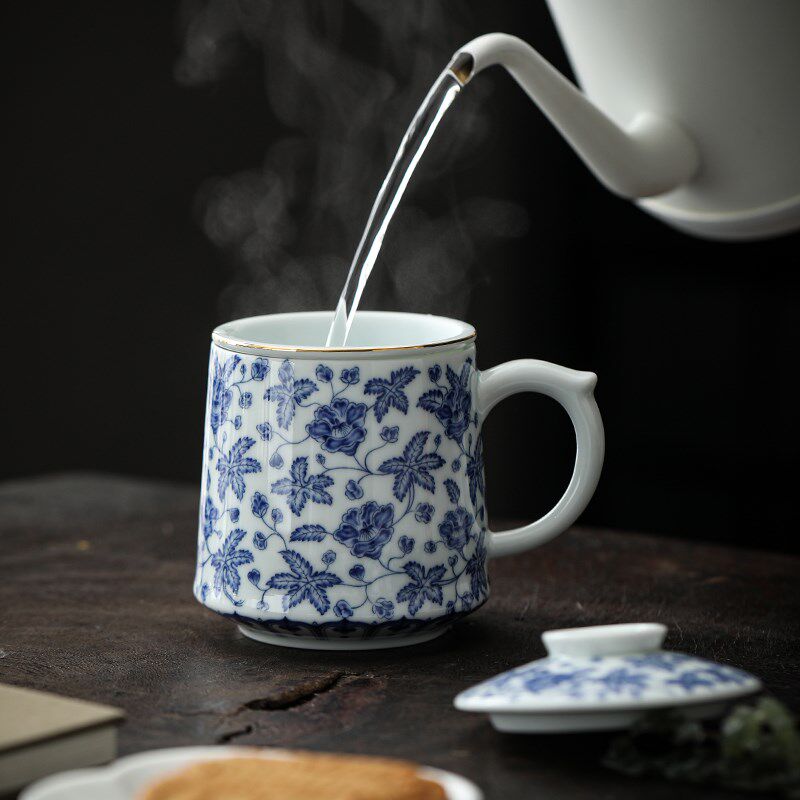 白瓷青花秋葵百川茶杯中式陶瓷茶水分离办公杯个人专用高档泡茶杯