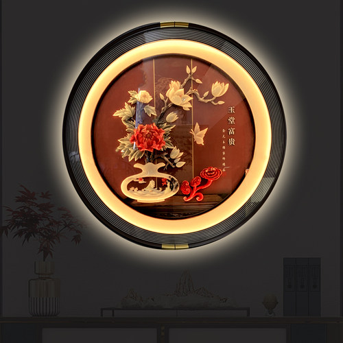 入户玄关装饰画感应灯玉雕圆形新中式进门led灯挂画入门高级立体