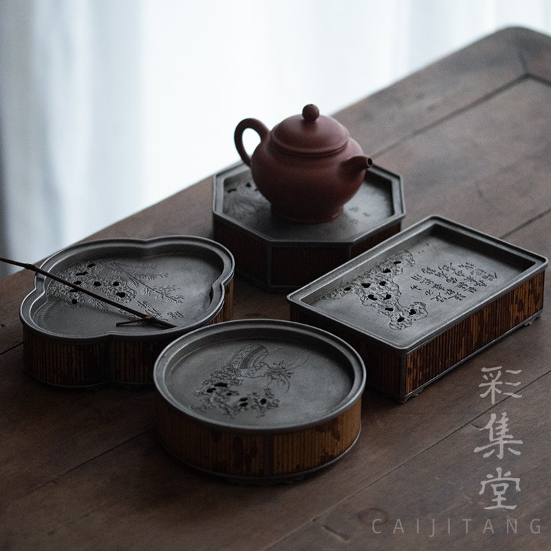 彩集堂 斑竹锡制壶承 复古蓄水式壶托茶托淋水养壶托盘做旧茶承