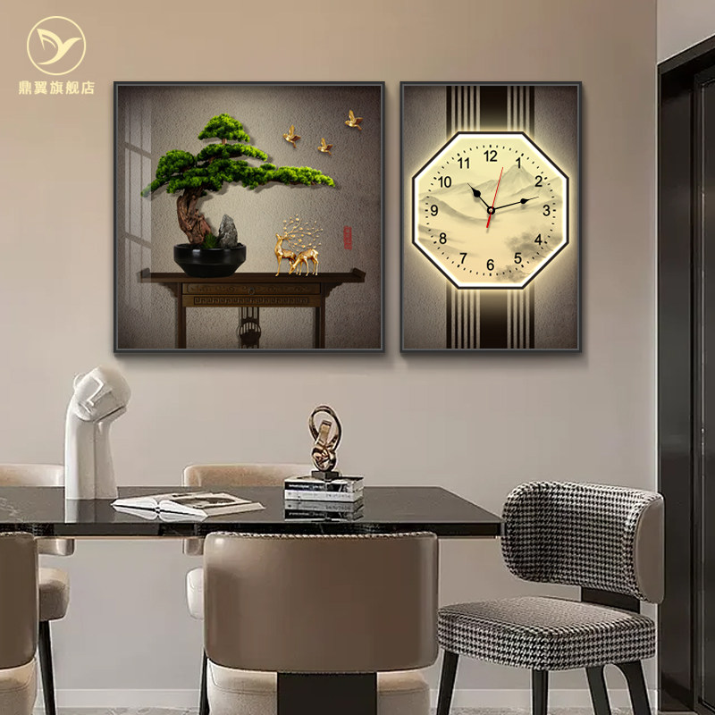 迎客松进门客餐厅两联装饰画组合挂钟办公室茶室禅意挂画新中式