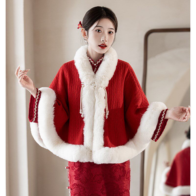 红色旗袍披肩秋冬季敬酒服婚礼新娘结婚加绒加厚保暖斗篷外套披风