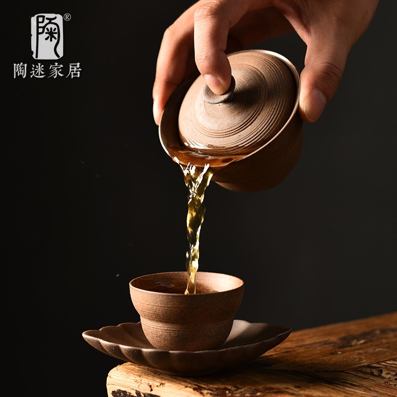 陶迷原矿粗陶盖碗创意葫芦三才碗家用泡茶碗功夫茶具陶瓷单碗茶盏