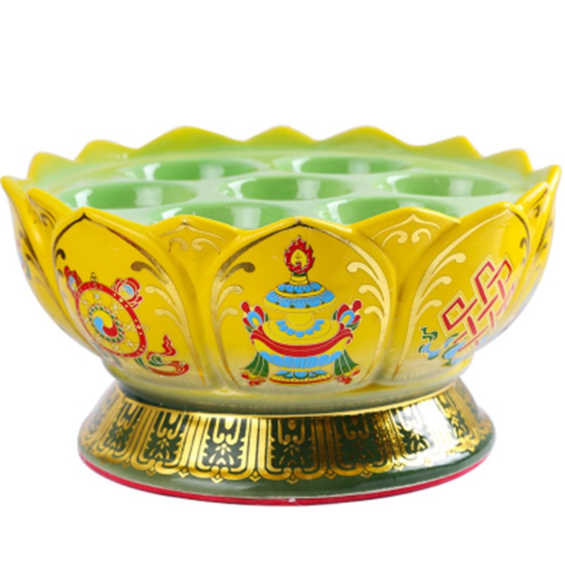 供灯七盏家居蜡烛台陶瓷酥油灯座八吉祥莲花灯架七彩灯盘