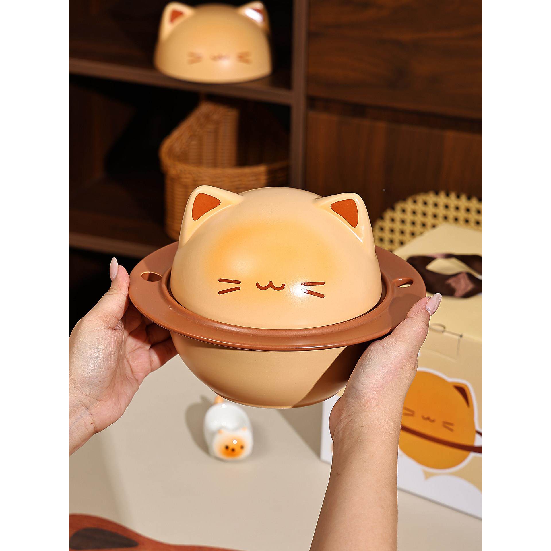 可爱猫泡面碗带陶瓷碗个人专用螺咪蛳盖PWG粉碗吃面条小碗宿舍用