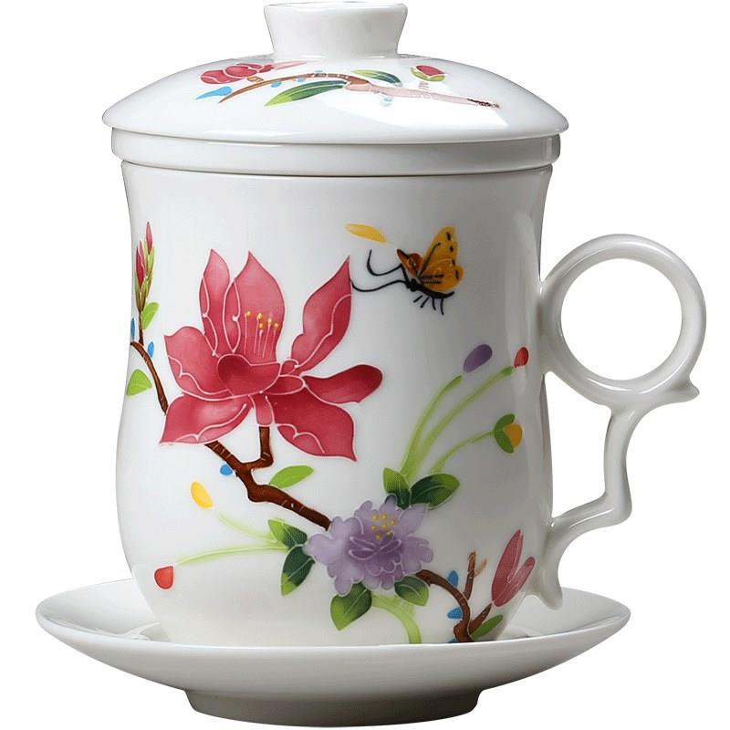 景德镇陶瓷茶杯带盖过滤水杯四件套陶瓷泡茶杯茶具办公会议个人杯