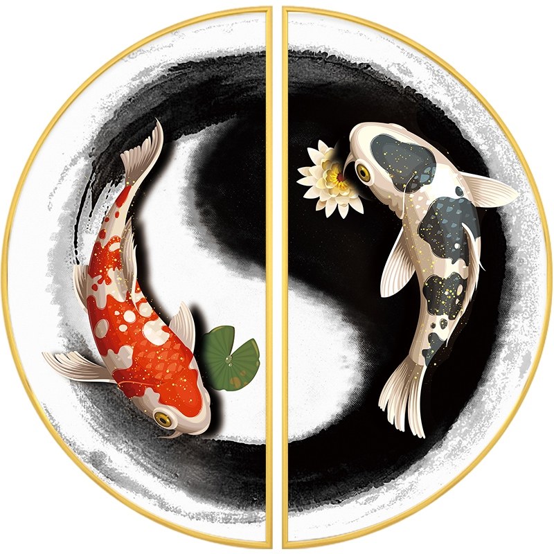 太极图挂画阴阳鱼新中式玄关装饰画禅意半圆客厅墙壁画锦鲤中定做